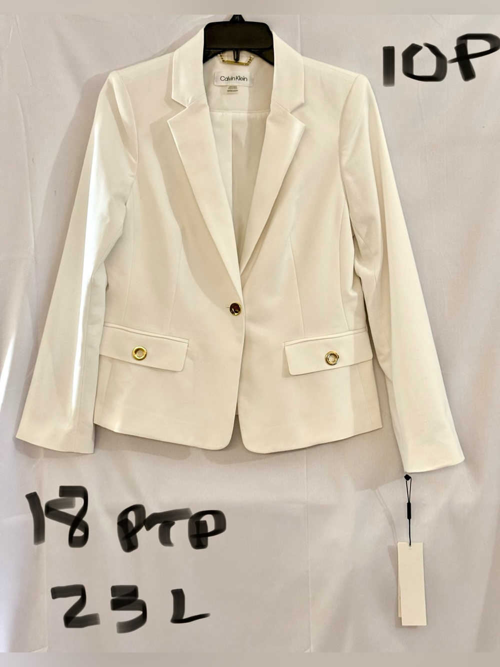 Calvin Klein White Single-Button Notch-Lapel Blazer with Gold Hardware